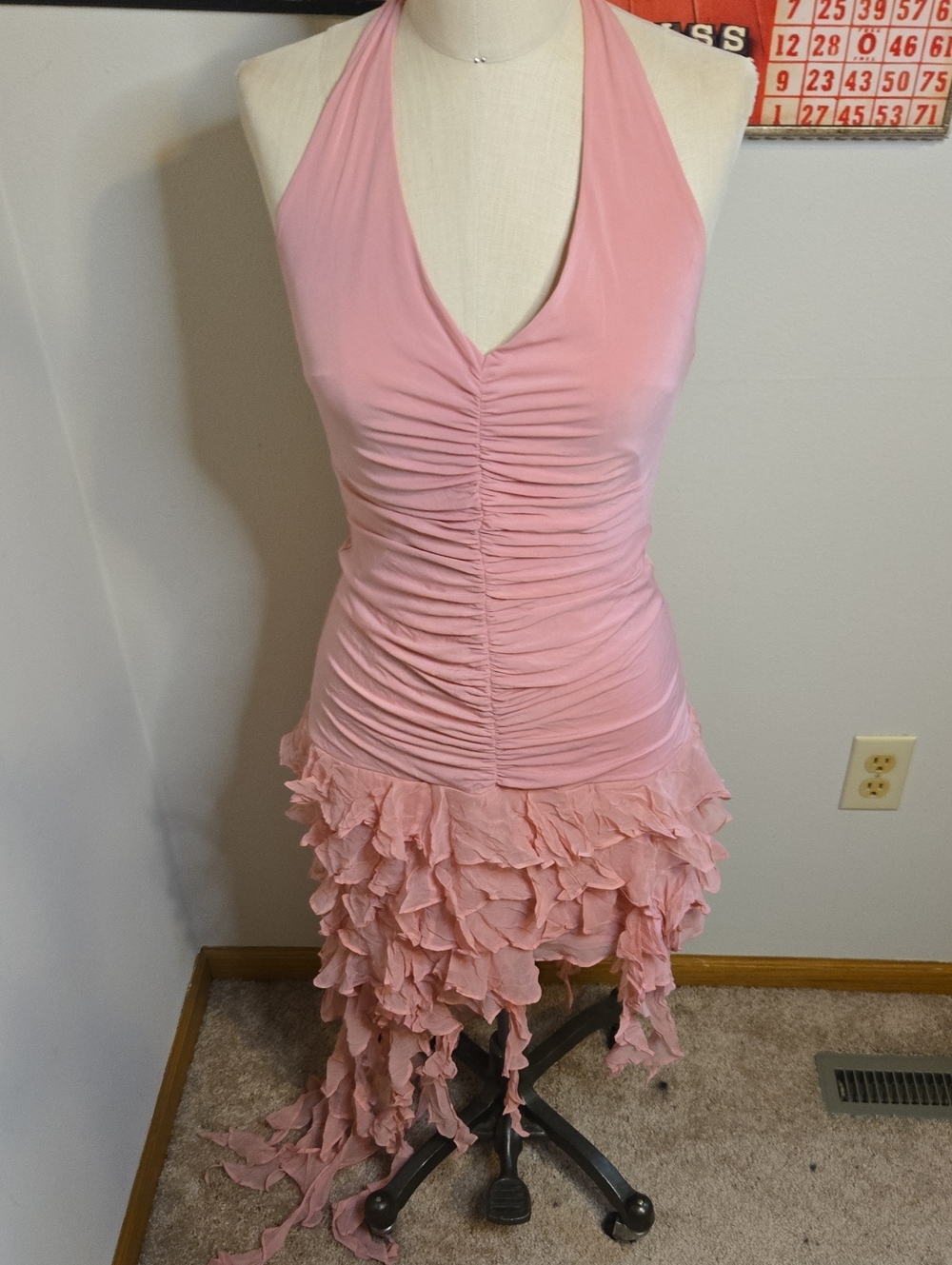 Y2k BCBGMaxAzria Blush Pink SILK Ruffled Halter Dress